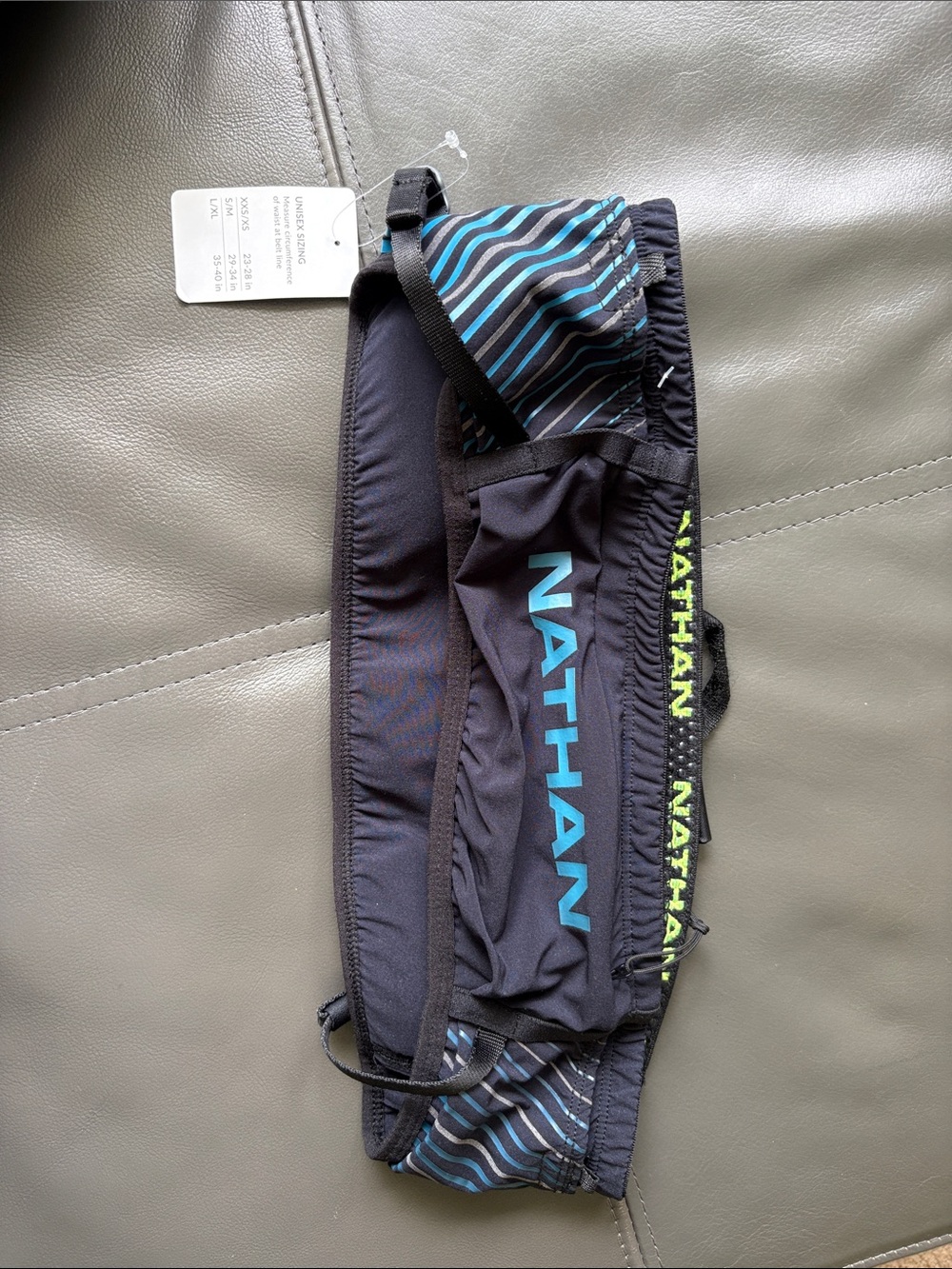 Nathan Blue Running Belt with green Logo and Neon Lime Trim